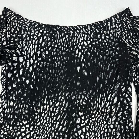 Alberto Makali Black White Animal Print Slit Long Sleeve Bow Accent Top Medium - Picture 5 of 11